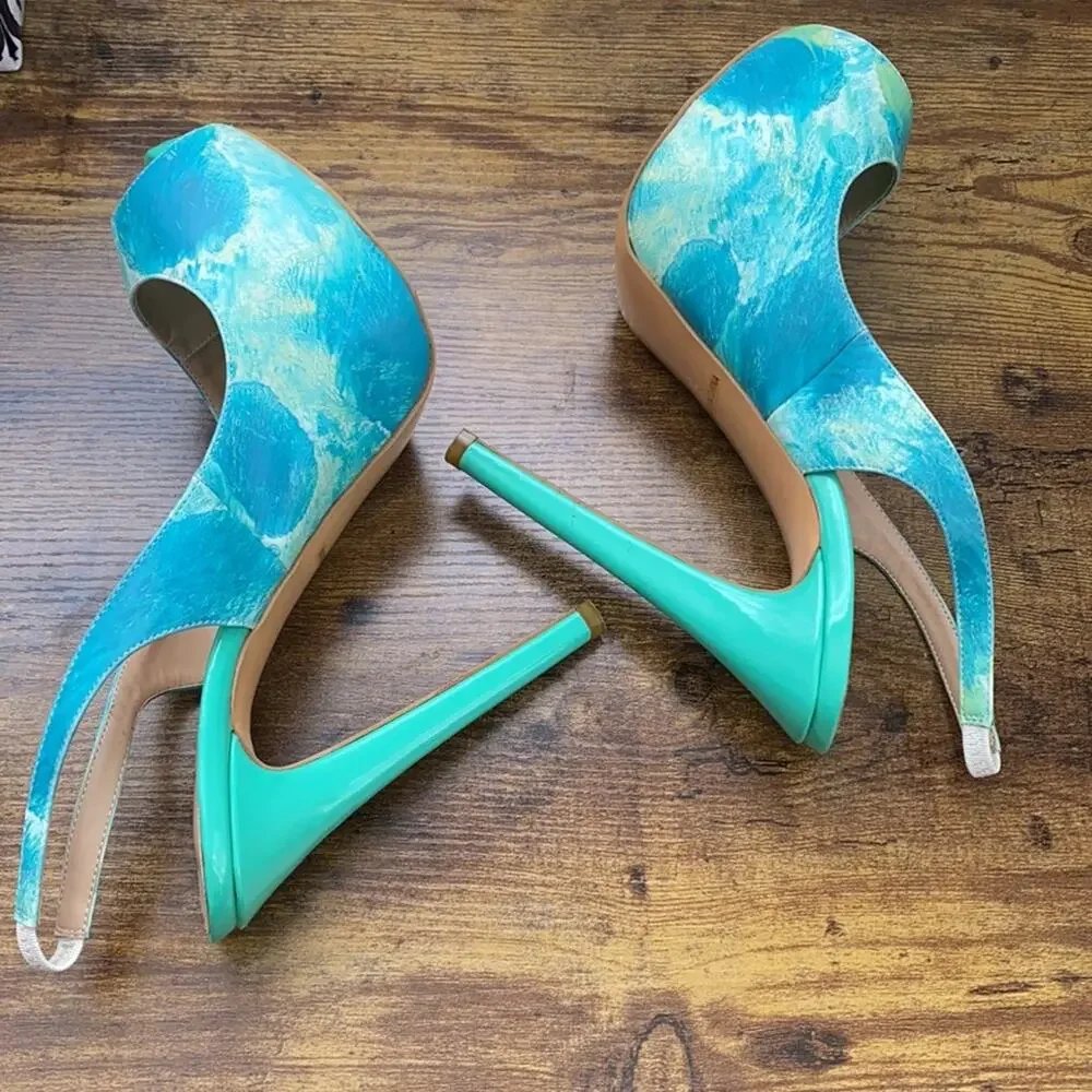 FSJ Blue & Green Abstract Paint Design Platform Slingback 5.5” + Heel - Picture 9 of 12